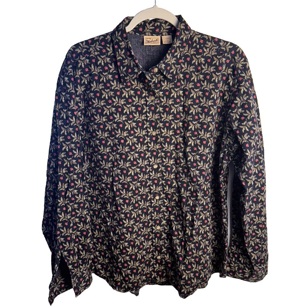 Woolrich Navy Floral Print Corduroy Button Up Collared Women's Size Large